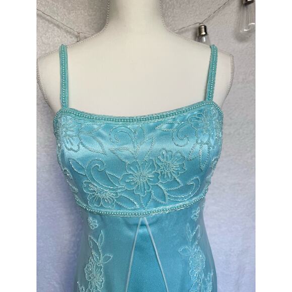 Vintage 90's Cach'e Blue Beaded Floral Maxi Princess Gown Dress Medium - Picture 3 of 13